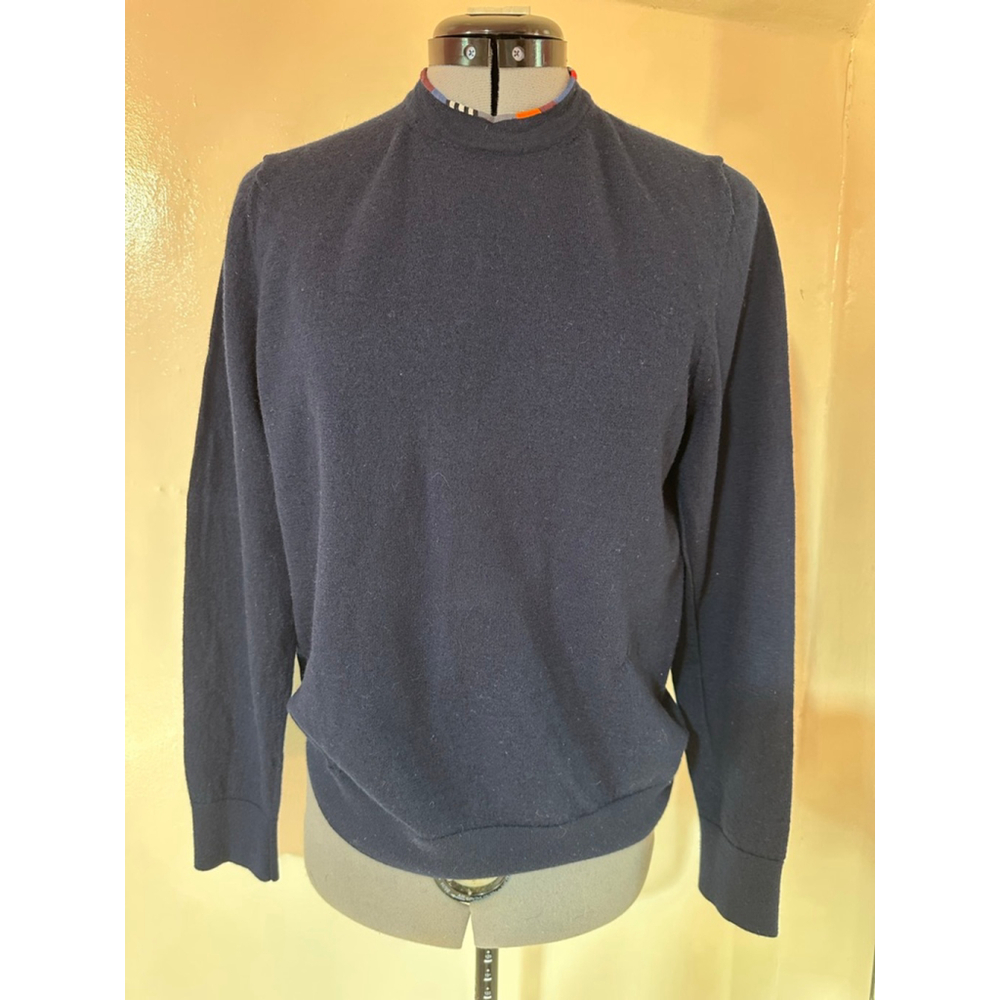 Men's PS Paul Smith M Navy Blue Merino Wool Crewneck Sweater Striped Collar